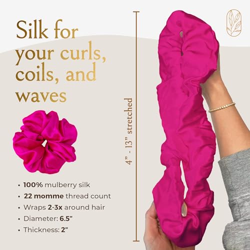 Image of Silk Scrunchies for Ponytail Holders - Oversized Mulberry Silk Scrunchies - Extra Large No Damage Hair Ties for Curly, Thick, and Thin - Hair Accessories for Women - Hot Pink Peony, XL By Curlfriend