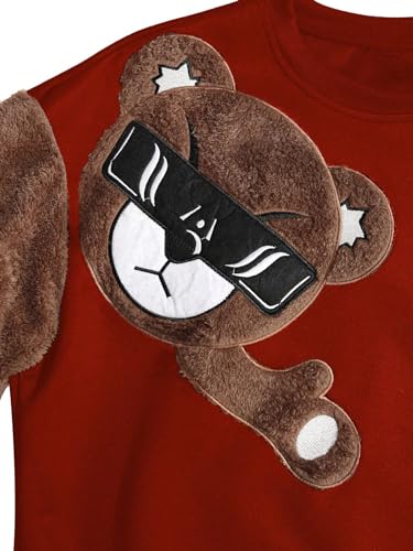 WDIRARA Men's Bear Patched Drop Shoulder Sweatshirt Round Neck Long Sleeve Pullover Sweatshirts4