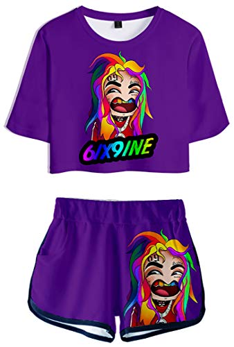 Silver Basic Tekashi 6ix9ine Maglietta e Pantaloncini Hip Hop Collana Gooba Musica Fans Seta Casual,Viola Sixnine-3,4XL