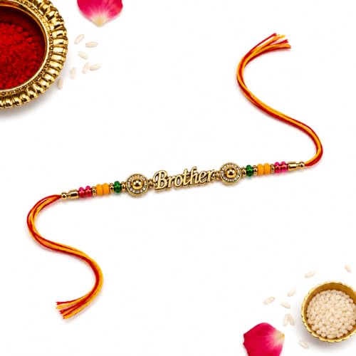 Image of Brother Designer Rakhi Set with Roli Chawal Pack Tilak Kit & Greeting Card