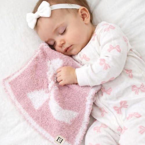 Image of L+L USA Bow Baby Lovey Pacifier /Teether Holder 10 inchx10 inch - DreamSoft Plush Fluffy Cuddly Soothie Reversible Mini Comfort Blanket - Cute Girly Newborn Gift Essential for Babies Girls (Pink /White)