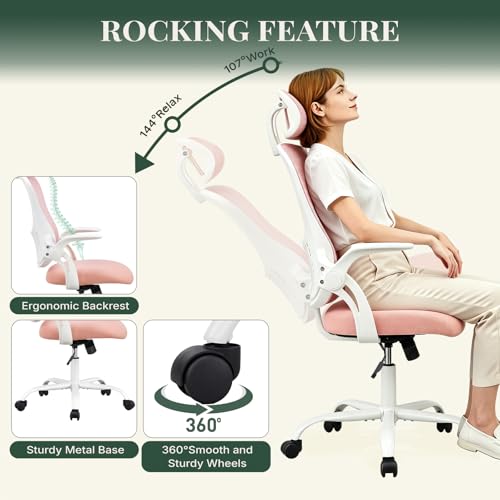 Image of Ergonomic Office Chair, Comfy Desk Chair with Wheels, Adjustable Headrests, Flip-Up Armrests, Breathable Mesh High-Back, Comfortable Swivel Seating for Home Computer, Pink