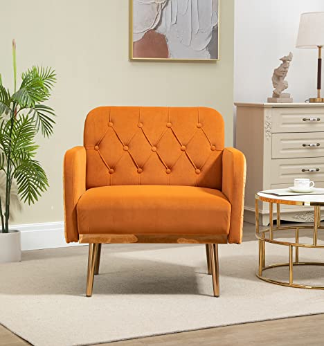 Velvet Sofa Chair With Elegant Pattern, Single Accent Sofa With Rose Golden Metal Legs, Tufted Backrest Living Room Armchair, Orange #TOP25