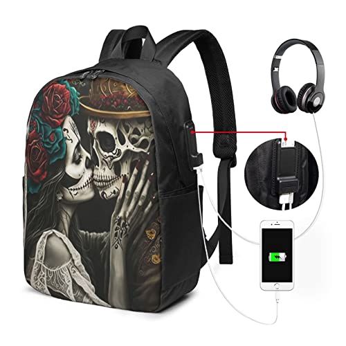 Couple Skull Travel Laptop Backpack for Women Men, 17 Inch Business Backpack with USB Charger Port3