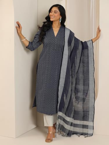 Image of Libas Woven Design Cotton Blend Straight Kurta with Trouser and Dupatta