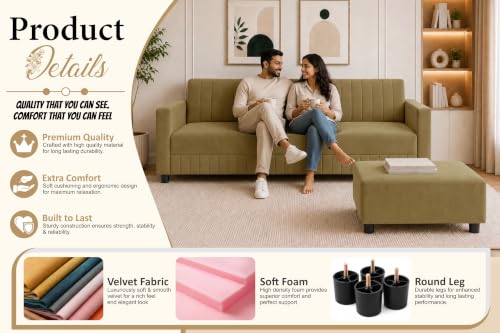 Image of Modern 3-Seater Velvet Sofa with Ottoman | Vertical Channel Tufted Backrest | Plush Cushioned Seating | Stylish Contemporary Sofa for Living Room, Bedroom & Office | Golden