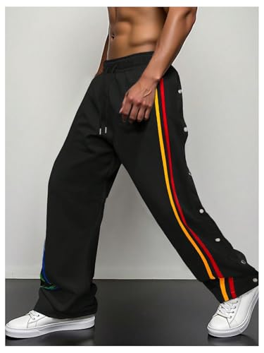 Men's Striped Track Pants Y2k Drawstring Waist Button Decor Street Baggy Pants with Pockets2