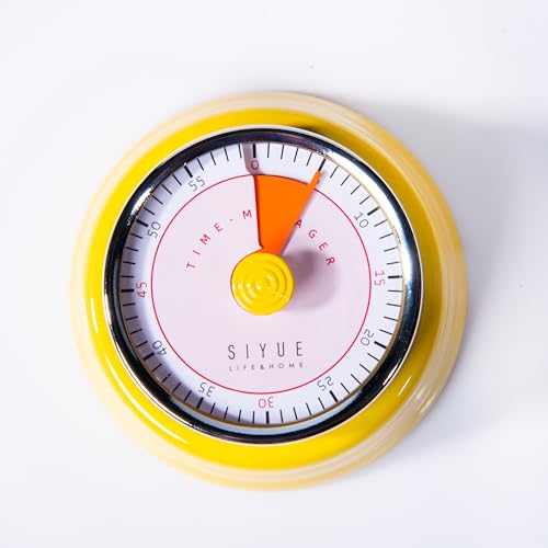 Image of Gibox Round Retro Kitchen Timer for Cooking (Yellow) Stainless Steel Mechanical Loud Alarm, Ringer 60 Min Count Stopwatch for Time Management Analogue Clock Reminder for Various Activity