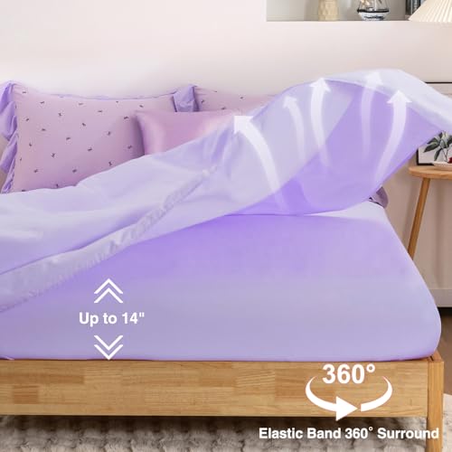 Image of A Nice Night Delicate Bows Print On Purple Background Bedding Set,Ruffle 6 Piece Bed in a Bag Matching Sheet Set,Princess Style Chic Bowknot Printed,Twin