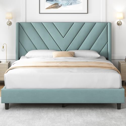 Yaheetech Queen Bed Frame Upholstered Platform Bed with Wing Side/Wooden Slat Support/Tufted Headboard with Wing Side/Mattress Foundation/No Box Spring Needed,Blue Lake Queen Bed