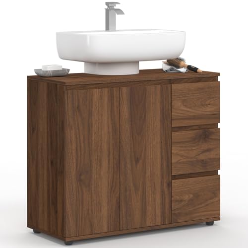 IDMarket - Meuble sous lavabo Salle de Bain TOMI avec Placard et 3 tiroirs Effet Noyer