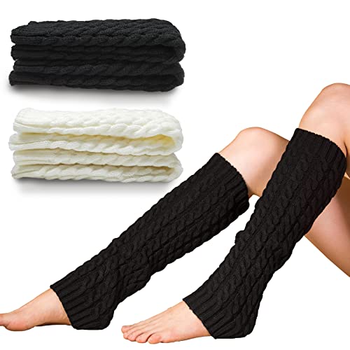 WuikerDuo 2 Paar Winter Bein Stulpen,Gestrickte Beinwärmer mit Schwarz und Weiß für Damen Legwarmer Cover