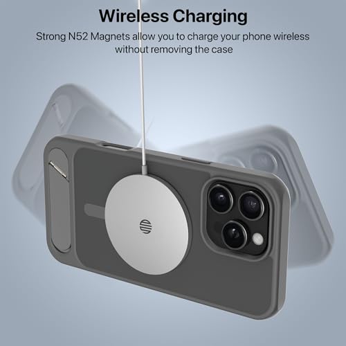 Image of eller sante Zenon Magpro Back Cover Case for iPhone 16 Pro Max Scratch Resistant Camera Screen Protector TPU Shockproof with Stand Holder Mag-Safe Wireless Charging- Grey