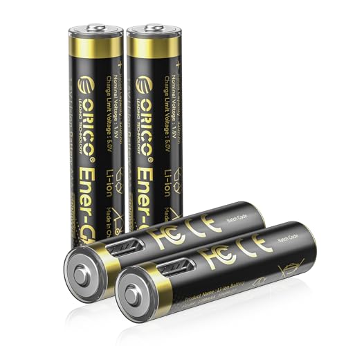 ORICO Ener-G - Batería de iones de litio AAA recargables con carga rápida de 1 hora, puerto tipo C, paquete de 4, 1.5 V 500 mWh y tiempos de recarga de hasta 1500 x, para mandos a distancia, juguetes