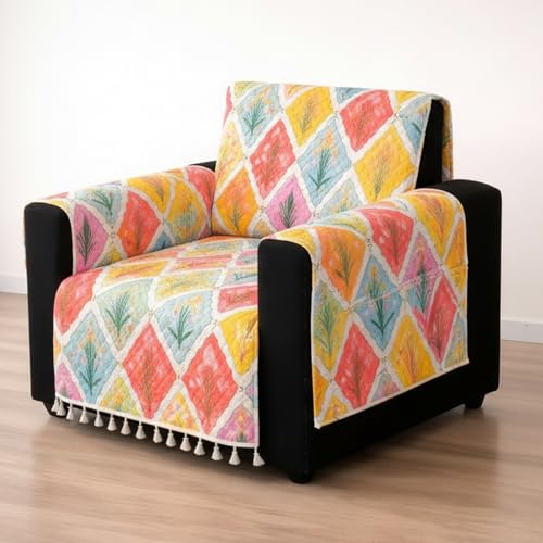 Image of House of Quirk IKATRA Series Quilted Printed Sofa Cover for Indian Sofa Set with Side Pocket - Premium Washable, Anti-Slip, Durable & Ultra Soft Fabric Protector (Spring Blossom, One Seater)