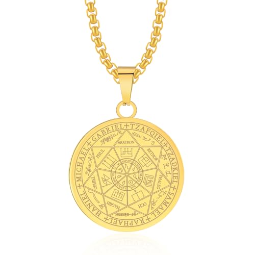 Seven Archangels Pendant Necklace, Stainless Steel Seal of the Seven Archangel For Men Women Protection Amulet Michael Coin Pendant Necklace with Chain