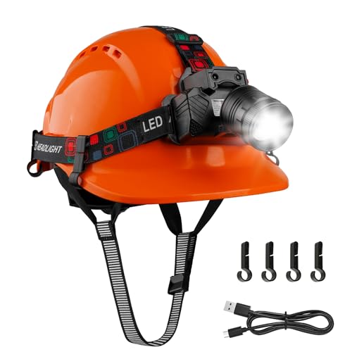 Mustbau Casco di sicurezza EN397, Casco con Lampada Frontale LED con Sensore di Gesto, Lampada Super Luminosa da 10W Adatta per Cantieri, Lavori Notturni, Pesca (Arancione)