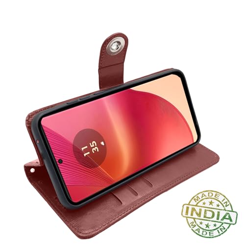 Image of Pikkme Motorola Moto Edge 50 Fusion 5G / Motorola Moto G96 5G Flip Cover Leather Finish | Inside TPU with Card Pockets | Wallet Stand and Shock Proof | Complete Protection Button Flip Case (Brown)