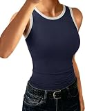 Diseño: Chaleco mujer sin mangas con cuello redondo clásico ribete contraste moda camisola básica mujer ajuste slim acanalado camiseta ajustada estirada capa base chaleco. Este top ideal para mantener frescura verano proporcionar look estilizado casual.