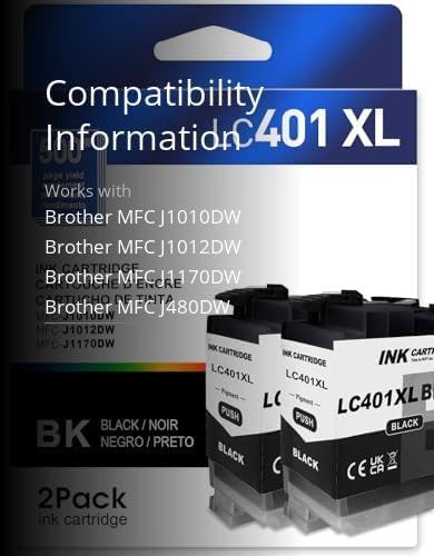 Miniatura 3 de LC401 XL LC401XL 2BK para Brother LC401 XL Cartucho de tinta negro 2 Juego de repuesto con impresoras Brother MFC-J1010DW, MFC-J1012DW y MFC-J1170DW