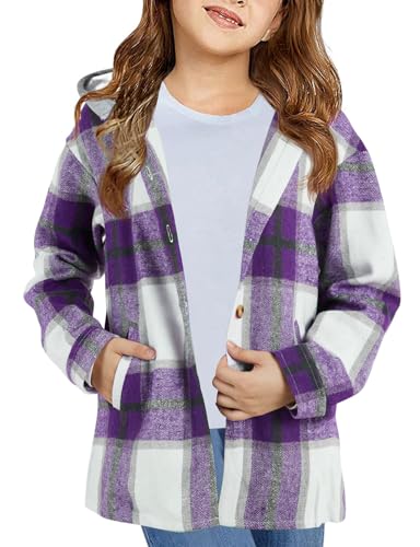 Image of Girls Cute Flannel Plaid Button Down Top with Pockets Long Sleeve Hooded Jacket
