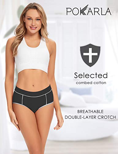 Image of POKARLA Women's Cotton Stretch Underwear Briefs Ladies Mid Rise No Muffin Top Hipster Panties Multipack