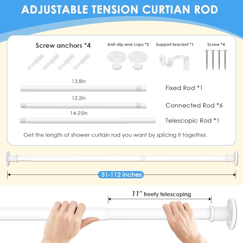 Image of Long Tension Curtain Rod 31-120 inch White Shower Curtain Rods for Adjustable Outdoor Curtain Rods for Windows Spring Rod No Drilling Or Screw Mount Install Non Slip, No Rust