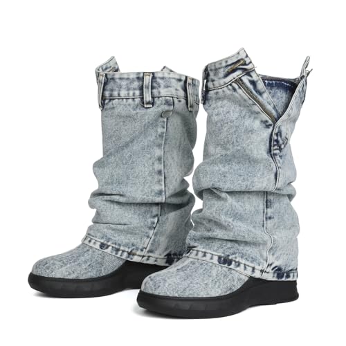 Kalstage Womens Denim Mid Calf Boots Fold Over Slouchy Platform Wedge Booties Vintage Y2k Shark Jean Boots