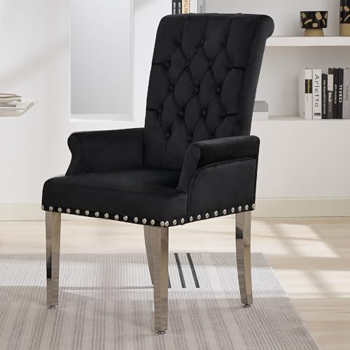 WUTUTUEE Velvet Dining Chair with Arms, Upholstered Tufted High Back Dining Room Chairs, Accent Armchair with Chrome Leg and Nailhead Trim, Kitchen Dining Living Room, Black