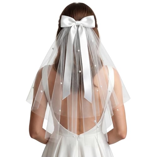 Tucnoeu Bride Veil, 22.4 Inch Short White Bachelorette Veil With