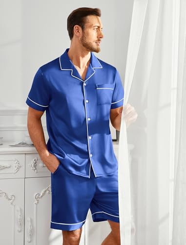 Vssjavun Mens Satin Silk Pajamas Sets Short Sleeve Button-Down Sleepwear Two Piece Loungewear with Pockets