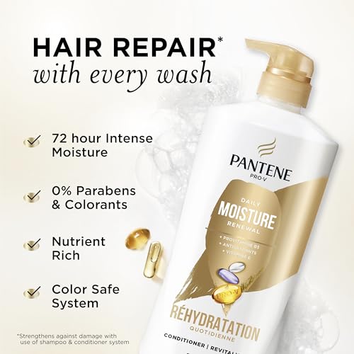 Image of Pantene Shampoo & Conditioner Set, Daily Moisture Renewal with Vitamin E - Pro-V Nutrients for Dry, Color-Treated, Straight to Curly Hair, 72-Hour Hydration & Softness, 52.8 Oz Total