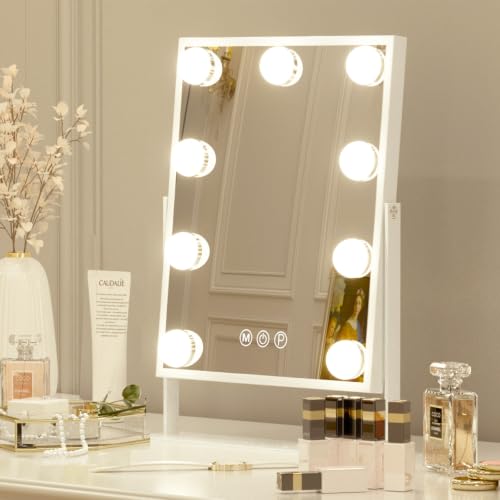 FENCHILIN Vanity Mirror with Lights Hollywood Lighted Makeup Mirror with 9 LED Bulbs, 3Colors Dimable Light Detachable 10X Magnification(White)