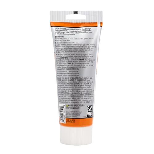 Gorilla Max Strength Construction Adhesive, Clear Glue, 7 Ounce Squeeze Tube (Pack of 1) - Gap Filling and Waterproof - Image 6