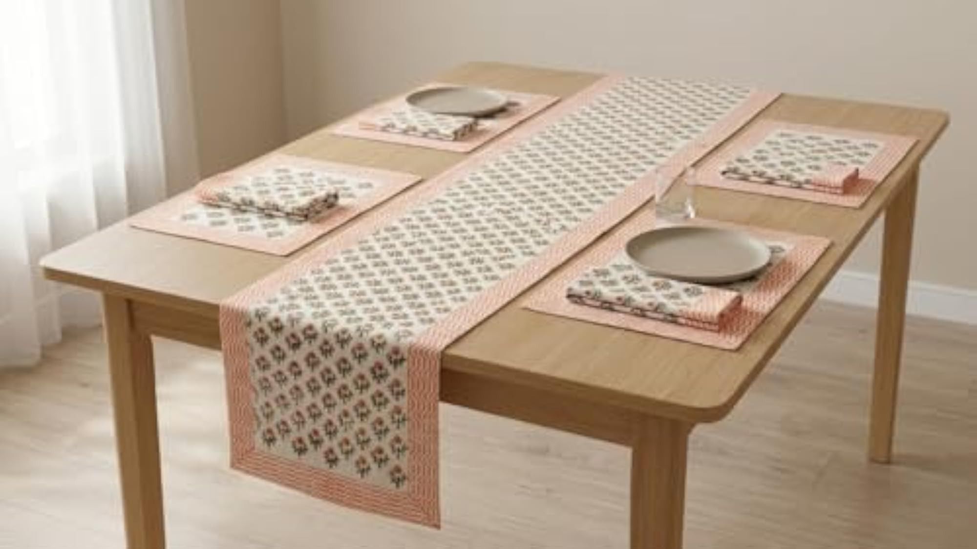 Cambric Cotton Peach Printed Table Linen Set