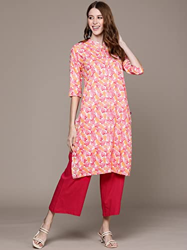 Image of anubhutee Women's Cotton Pink Floral Printed Straight Kurta