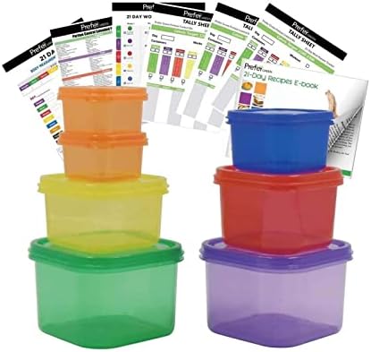 Prefer Green 7 PCS Portion Control Containers Kit (with COMPLETE GUIDE & 21 DAY DAILY TRACKER&21 DAY MEAL PLANNER & RECIPES PDFs),Label-Coded,Multi-Color-Coded System,Perfect Size for Lose Weight (7)
