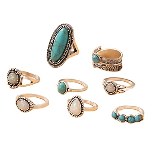 Caiyao Vintage Bohemian Western Turquoise Oval Geometric Chunky Stackable Joint Knuckle Rings Set Midi Crystal Gemstone Flower Carved Boho Jewelry for Women-1