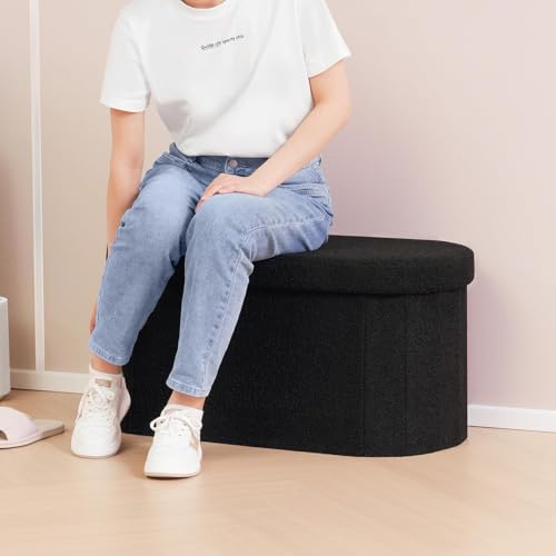 Image of B FSOBEIIALEO Ottoman with Storage for Living Room, Sherpa Folding Storage Ottoman Foot Rest, 30 Inches Collapsible Bedroom Bench Black
