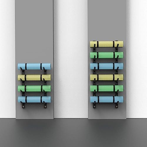 8-Tier Wall Mount Storage Rack for Yoga Mats & Foam Rollers - Black Shelf Organizer for Pilates Gear, Resistance Bands, Holds Up to 6" Diameter Items