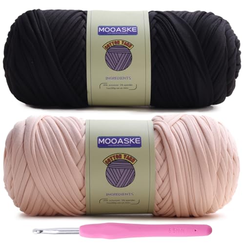 Image of Mooaske 2 Pack T-Shirt Crochet Yarn for DIY Knitting Crochet Cloth Blanket Bag Dolls - 400g Chunky Thick Yarn for Crocheting with Polyester-Spandex Blend Elastic Fabric (Black+Beige)
