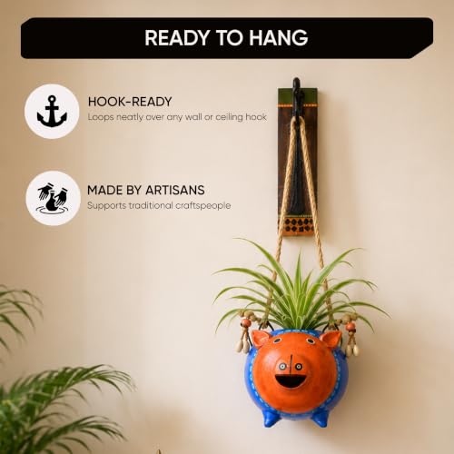 Image of AAKRITI ART CREATIONS Wall Hanging Planter with Hook | Blue Pig Design, Modern Art, Matte Finish | Metal, Terracotta & Wood | Decorative Hanging Pot for Indoor & Outdoor Home Decor
