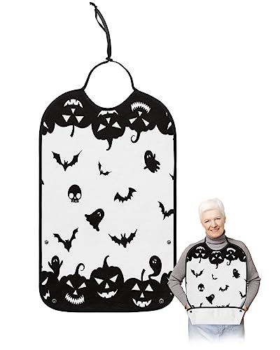 LEOKOTI Halloween Adult Bibs for Eating, Waterproof Bibs with Food Catcher & Adjustable Snap Closure, Black and White Bat Pumpkin Ghost Washable Clothing Protectors Adult Bibs for Elderly Women/Men
