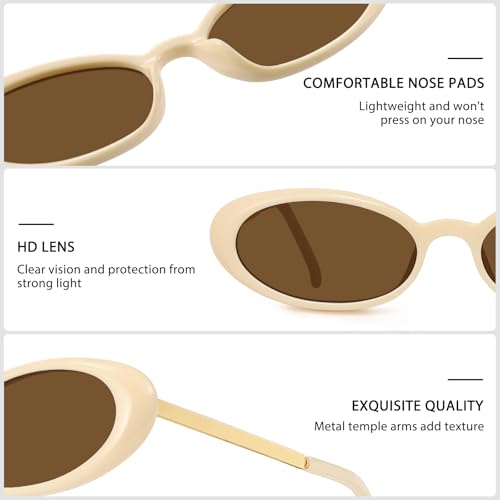 Fozono Retro Oval Sunglasses for Women,Trendy Cat Eye 90s Small Sunnies Narrow Shades UV Protection Lvory Frame/Brown Lens — view 4