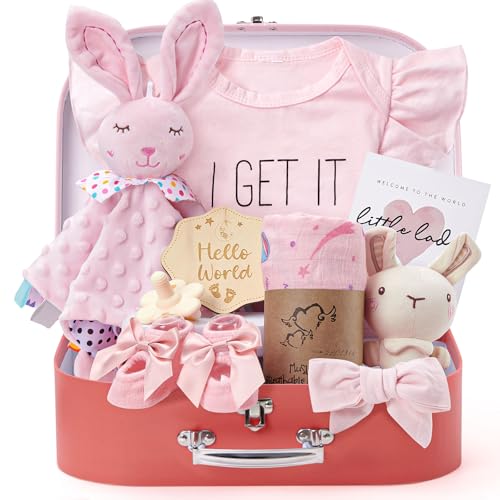 Baby Geschenk Jungen Mädchen Neugeborenen Geschenke zur Geburt mit Schmusetuch/Baby Strampler/Socken/Musselin Decke/Rassel Windeltorte Geschenkbox Baby Shower Party Gender Reveal Geschenk (Rosa)