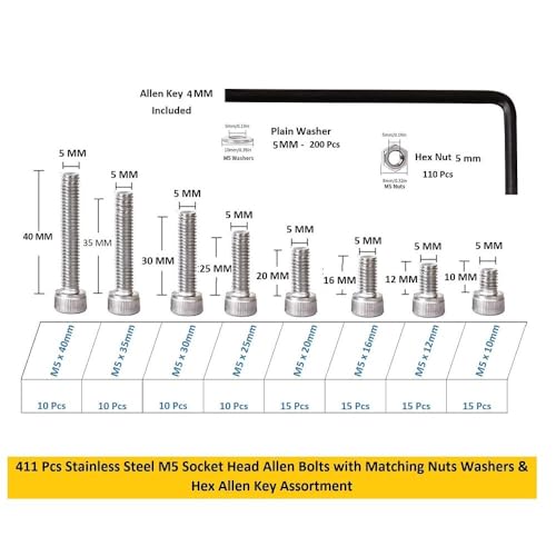 Image of Metric M5 Stainless Alloy Steel 202 Grade Socket Head Cap Screws Nuts Allen Bolt Washer with Allen Keys Assortment Kit Set with Storage Box Pack of 411 Pcs.
