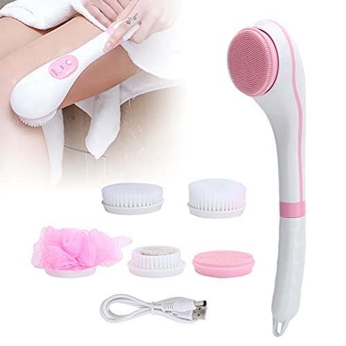 Cepillo de Baño Eléctrico para el Cuerpo con Carga USB, 6 Engranajes, Juego de Cepillos para el Cuerpo, Ajustable, para Baño, Cepillo de Ducha, Depurador de Espalda, Masaje de Mango Largo(rosado)