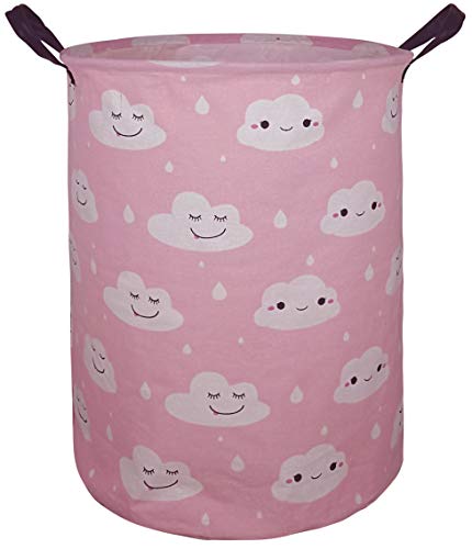 Image of HUAYEE 19.7 Inches Large Laundry Basket Waterproof Round Cotton Linen Collapsible Storage bin with Handles for Hamper Kids Room,Toy Storage(Pink Clouds)