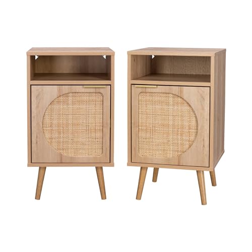 sweeek - Lot de 2 Tables de Chevet. Eva. décor Bois et cannage Arrondi. Une Porte. Un Espace de Rangement. L40 x l39 x H65.8cm