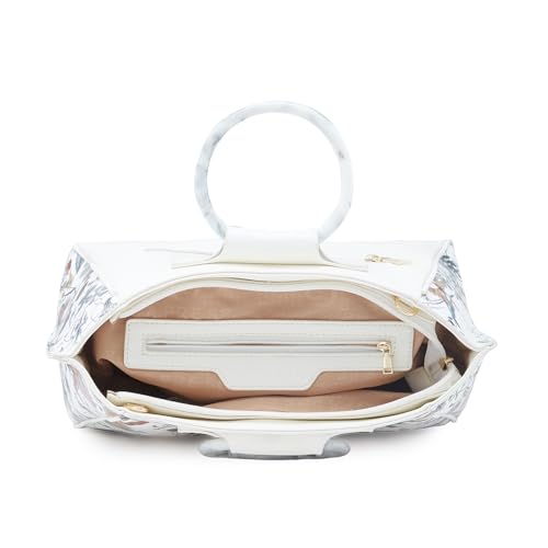 Image of Caprese Fiorella Satchel, White-Large | Stylish Floral Printed Shoulder Bag for Women with Adjustable Sling Strap | Easy Back Access Pocket & Spacious | Perfect for Office & Daily Essentials